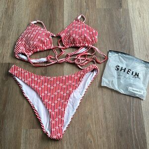 Bikini red and white striped with flowers